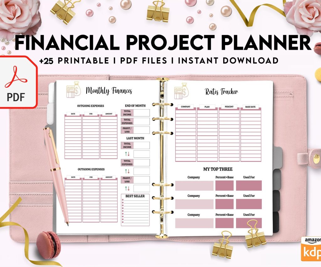 Financial Project Planner| 8×11 inch pages size Budget Planner| Finance Savings Tracker Binder| Monthly Debt| Bill Tracker| Expenses Tracker, PDF Printable, 8,5×11″ A4 size budget dashboard