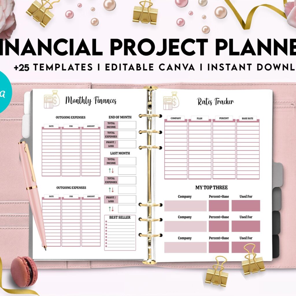 Financial Project Planner | Editable Templates Budget Planner| Finance Savings Tracker Binder| Monthly Debt| Bill Tracker| Expenses Tracker, Canva Editable Templates, interior budget dashboard