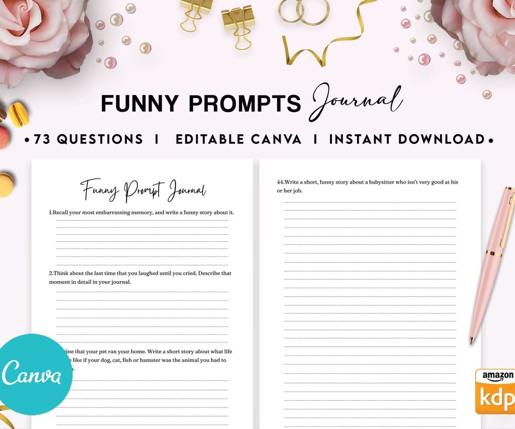 Funny Prompt Journal 34 Editable Templates, 8.5×11″ Canva Planner editable interior COMMERCIAL Use Canva editable KDP interior