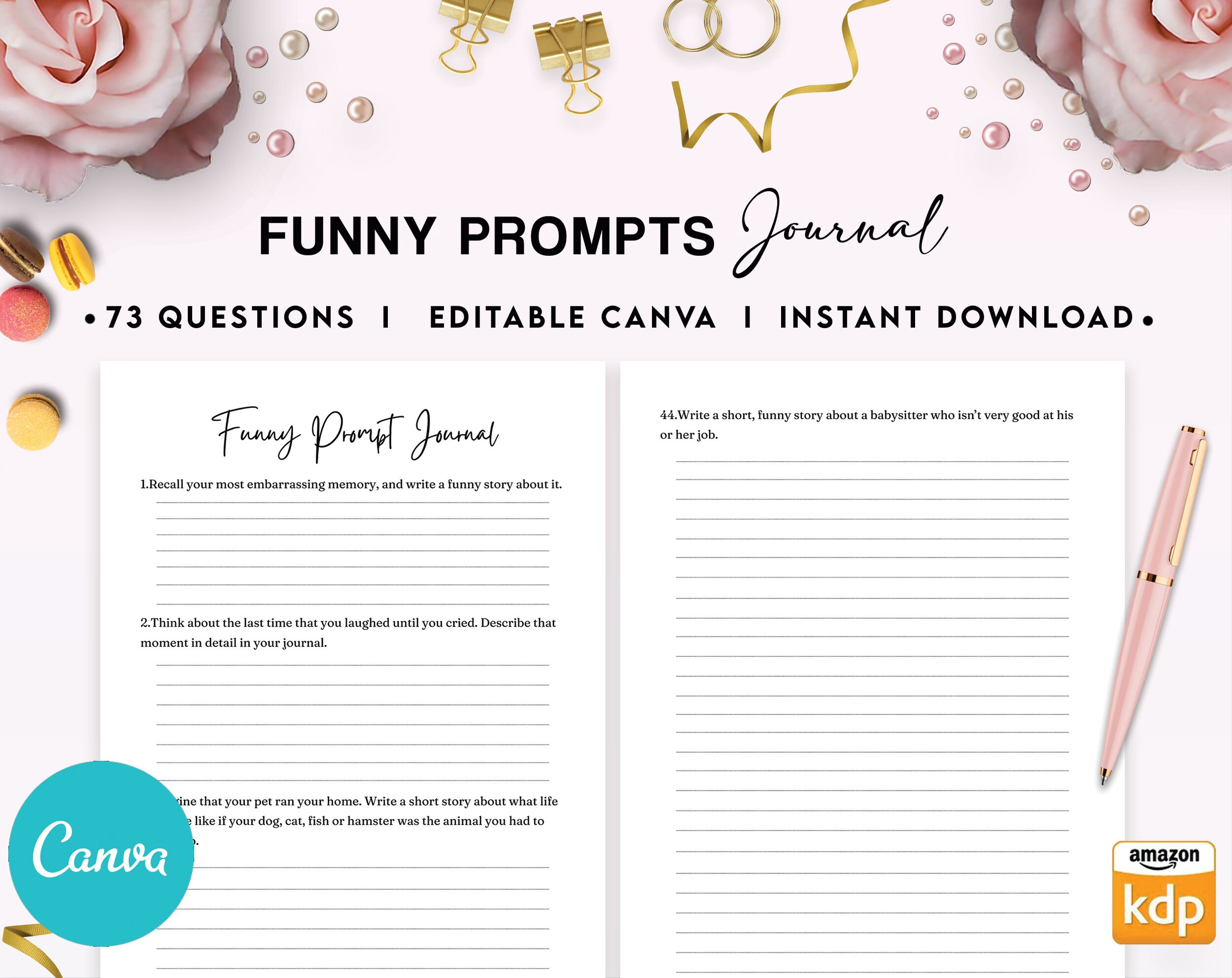 Funny Prompt Journal 34 Editable Templates, 8.5×11″ Canva Planner editable interior COMMERCIAL Use Canva editable KDP interior