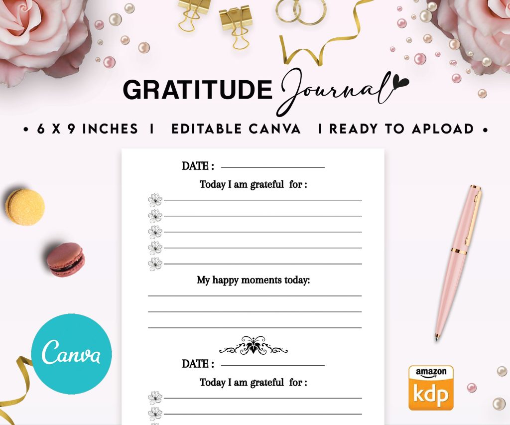 Gratitude Journal Template Gratitude Journal 6×9″ Canva Editable Template, Canva Adult editable interior digital and printable, gratitude_canva