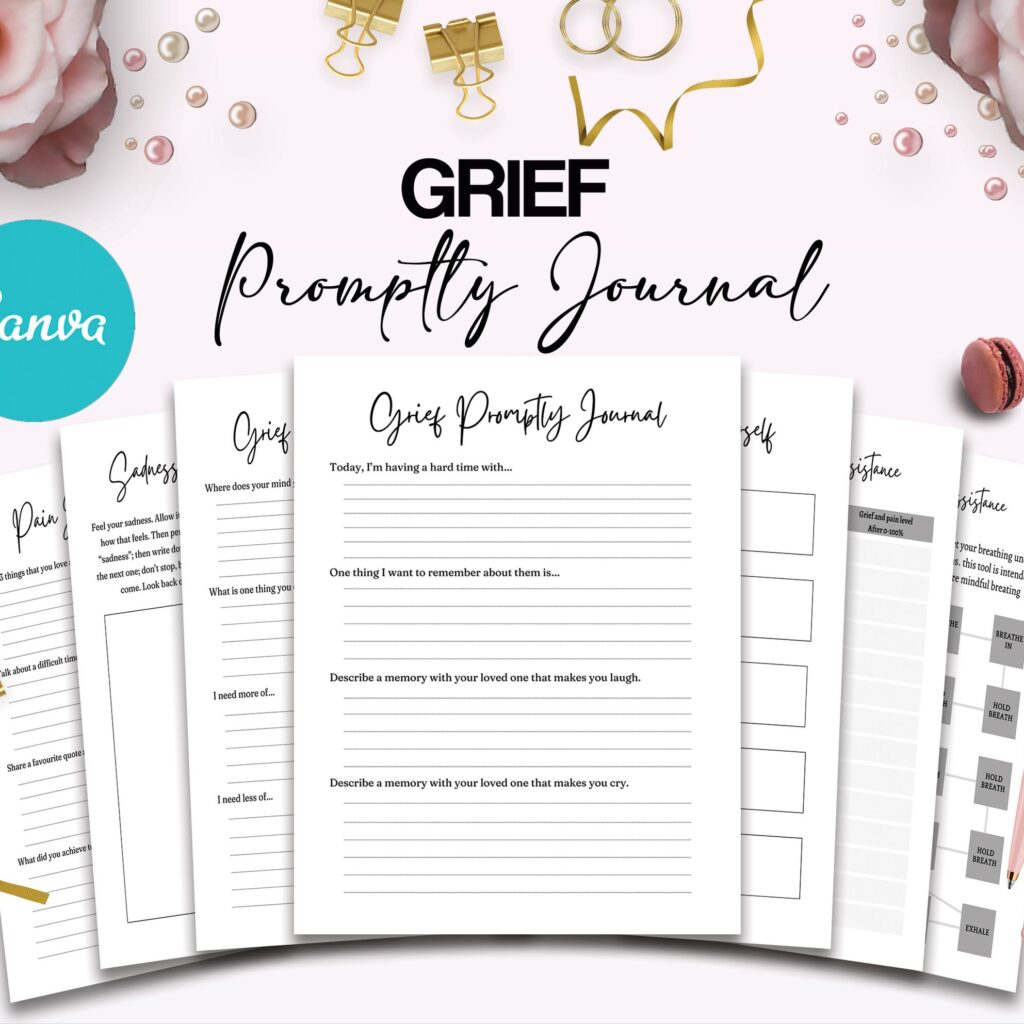Grief Journa Grief Promptly Journal 37 Editable Templates, 8.5×11″ Canva Planner editable interior COMMERCIAL Use Canva editable KDP interior