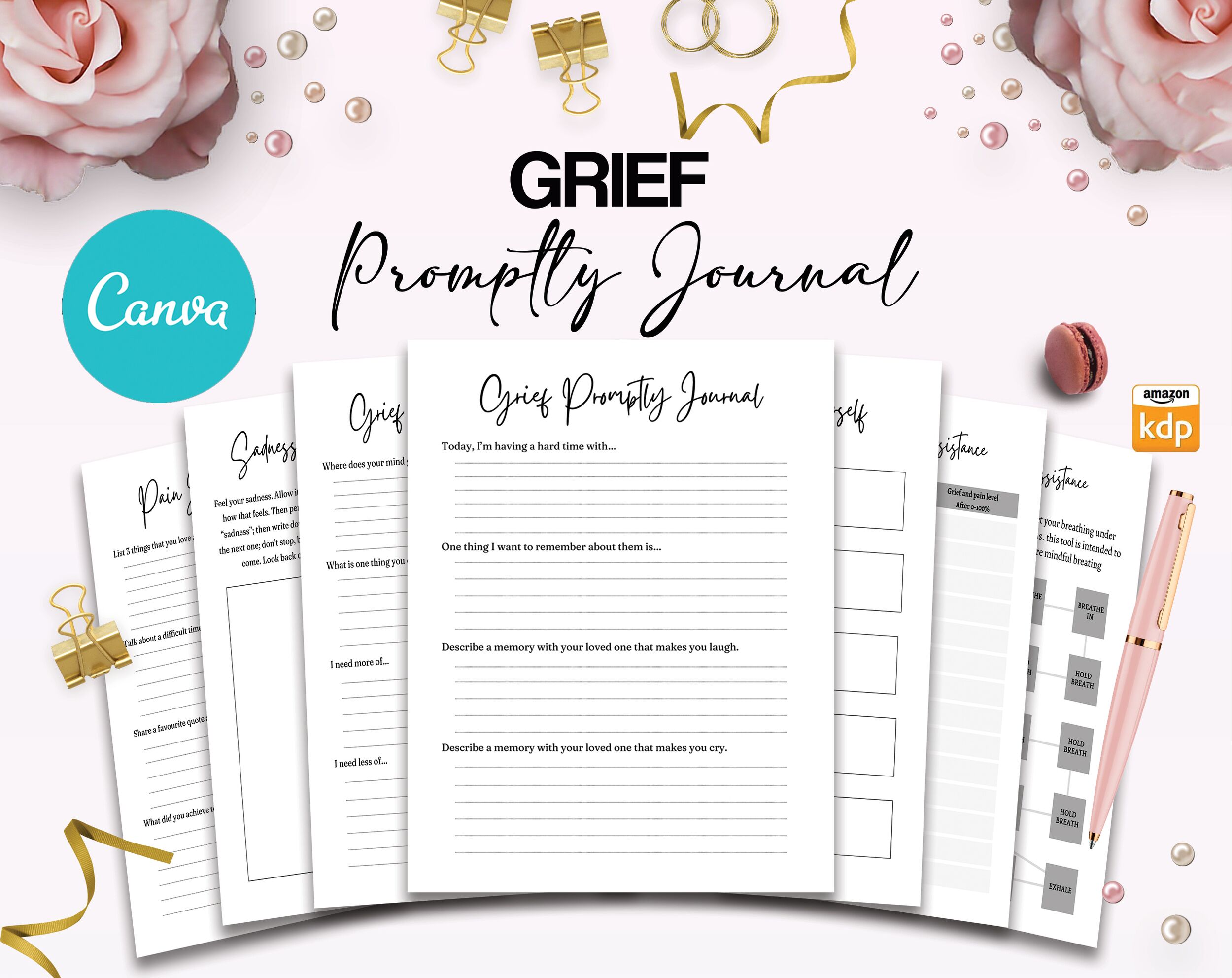 Grief Journa Grief Promptly Journal 37 Editable Templates, 8.5×11″ Canva Planner editable interior COMMERCIAL Use Canva editable KDP interior