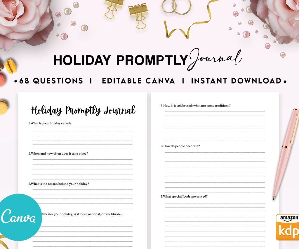 Holiday Promptly Journal 22 Editable Templates, 8.5×11″ Canva Planner editable interior COMMERCIAL Use Canva editable KDP interior
