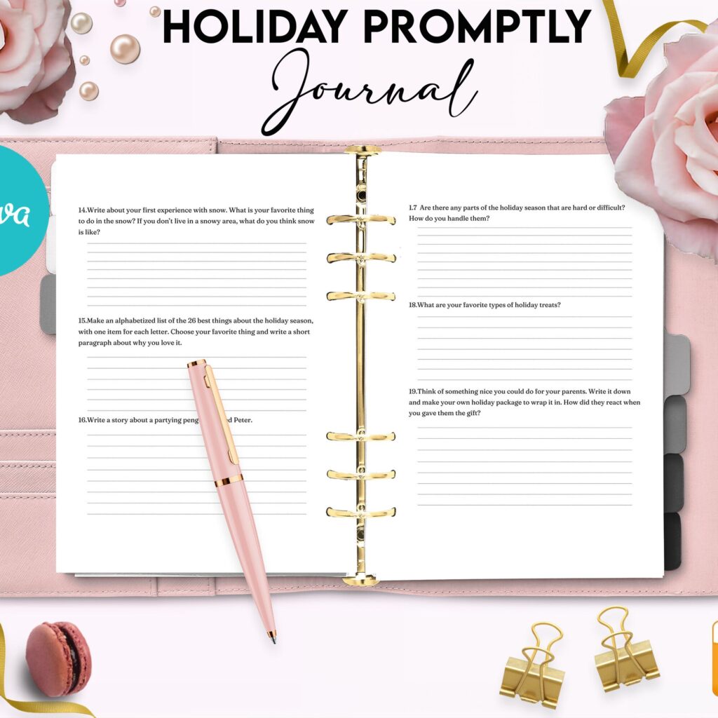 Holiday Promptly Journal 22 Editable Templates, 8.5×11″ Canva Planner editable interior COMMERCIAL Use Canva editable KDP interior