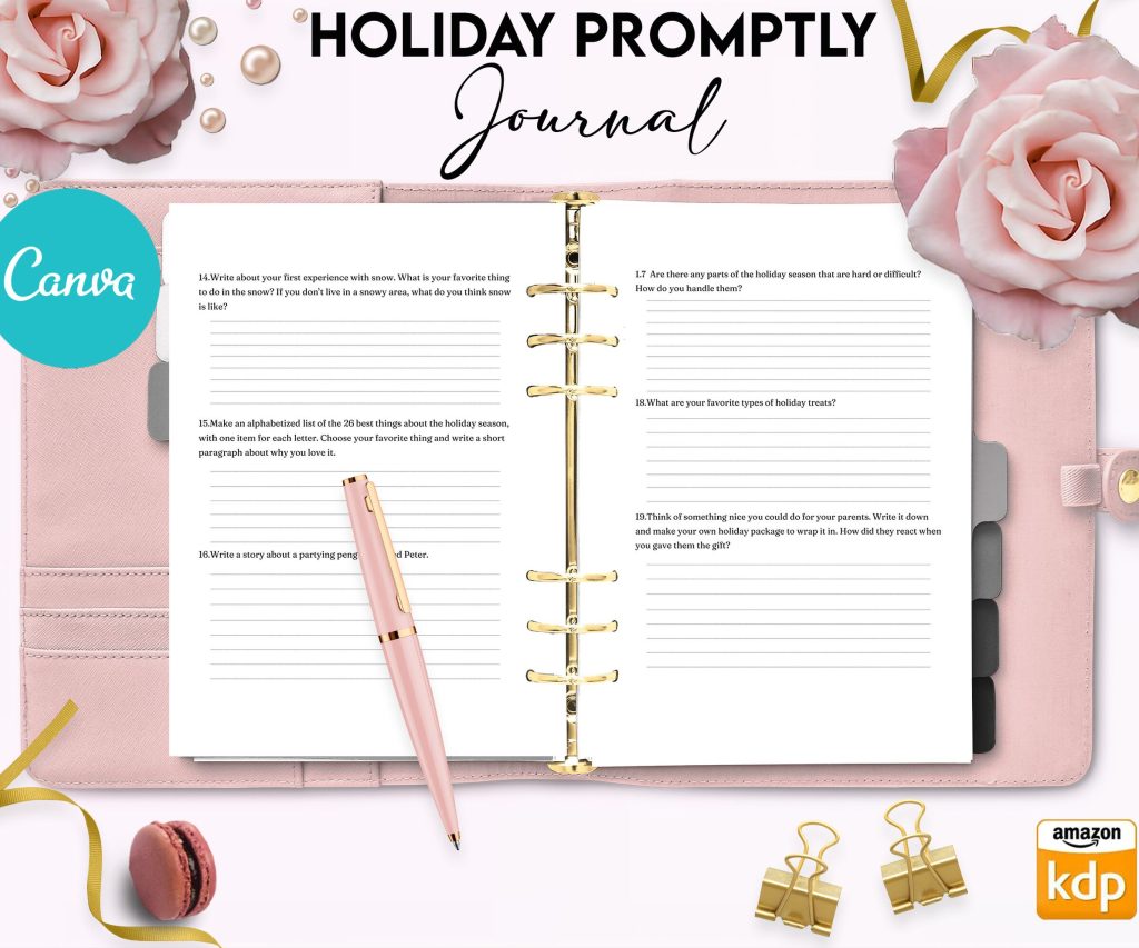 Holiday Promptly Journal 22 Editable Templates, 8.5×11″ Canva Planner editable interior COMMERCIAL Use Canva editable KDP interior