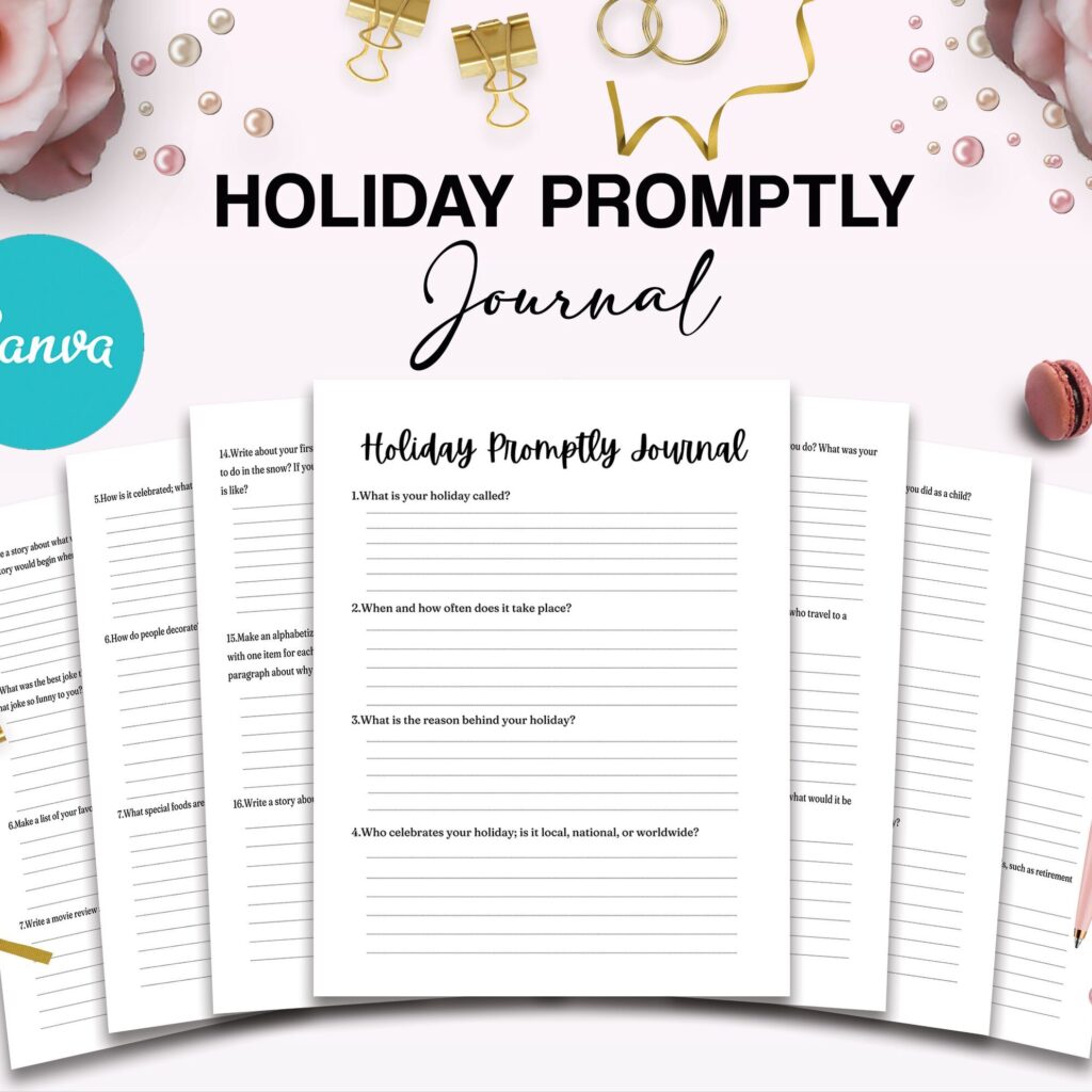 Holiday Journal Prompts Holiday Promptly Journal 22 Editable Templates, 8.5×11″ Canva Planner editable interior COMMERCIAL Use Canva editable KDP interior