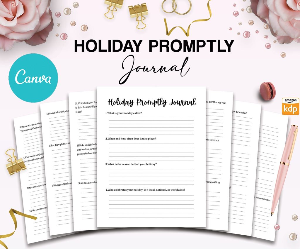 Holiday Journal Prompts Holiday Promptly Journal 22 Editable Templates, 8.5×11″ Canva Planner editable interior COMMERCIAL Use Canva editable KDP interior