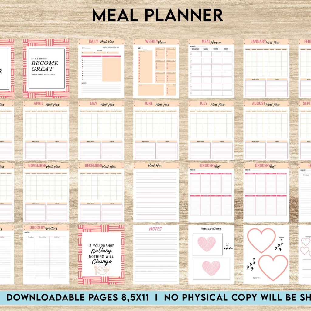 Meal planner, Daily weekly monthly Planner, Grocery List, Fridge Inventory, PDF Printable, 8,5×11″ A4 size