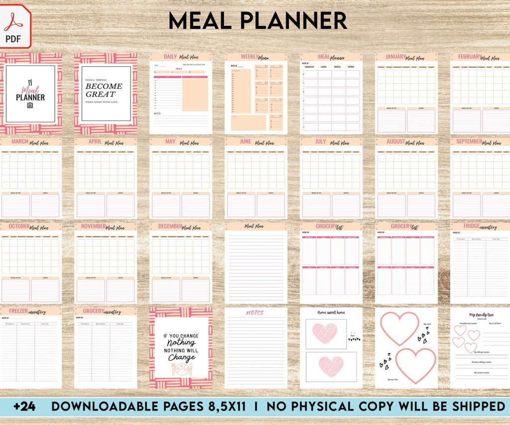 Meal planner, Daily weekly monthly Planner, Grocery List, Fridge Inventory, PDF Printable, 8,5×11″ A4 size