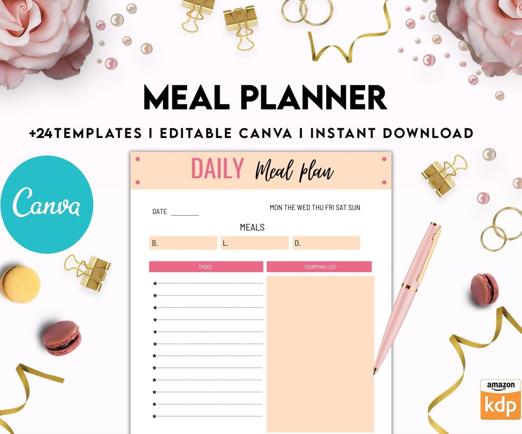 Meal planner, Daily weekly monthly Planner, Grocery List, Fridge Inventory, Canva Editable Templates, interior Grocery List