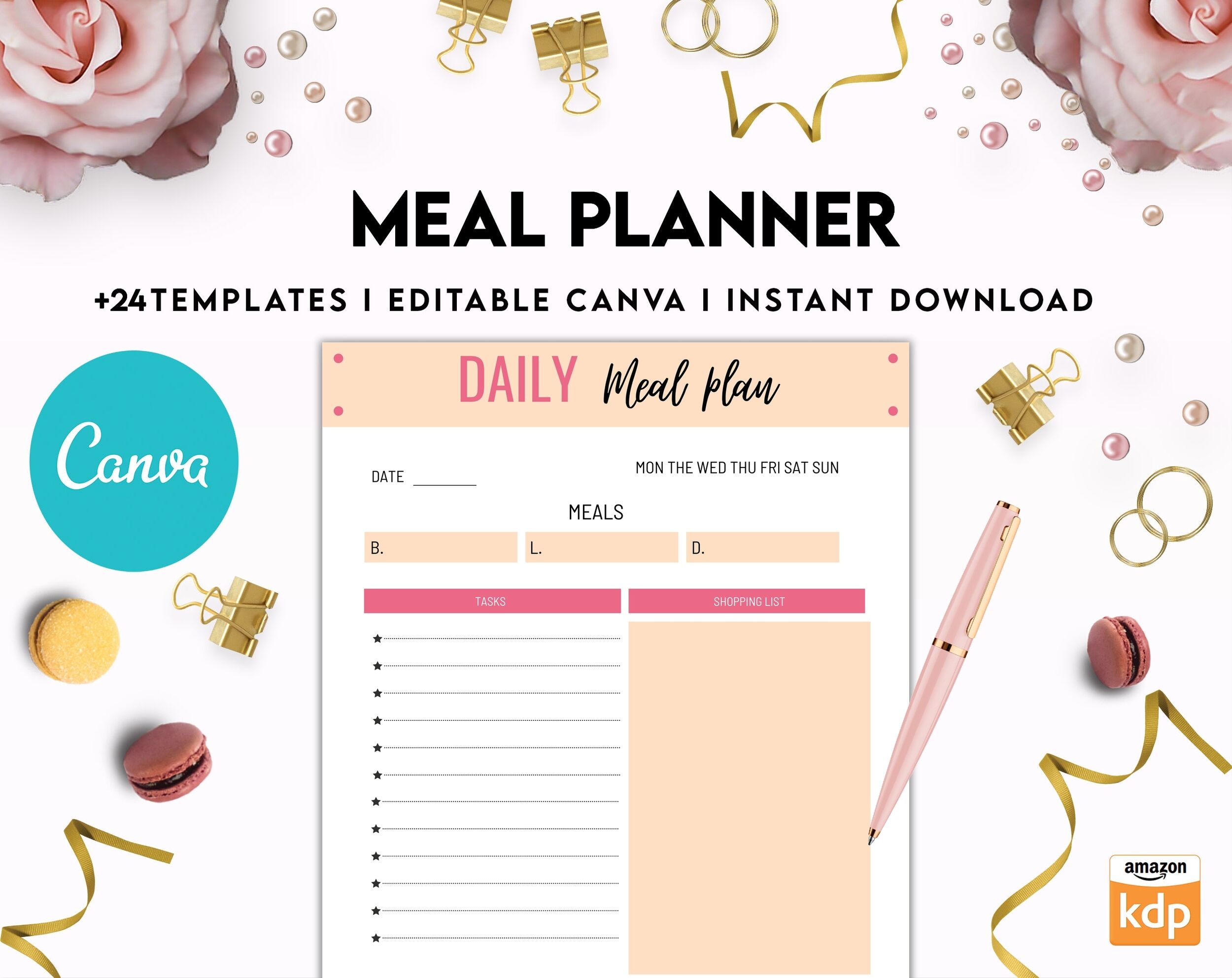 Meal planner, Daily weekly monthly Planner, Grocery List, Fridge Inventory, Canva Editable Templates, interior Grocery List