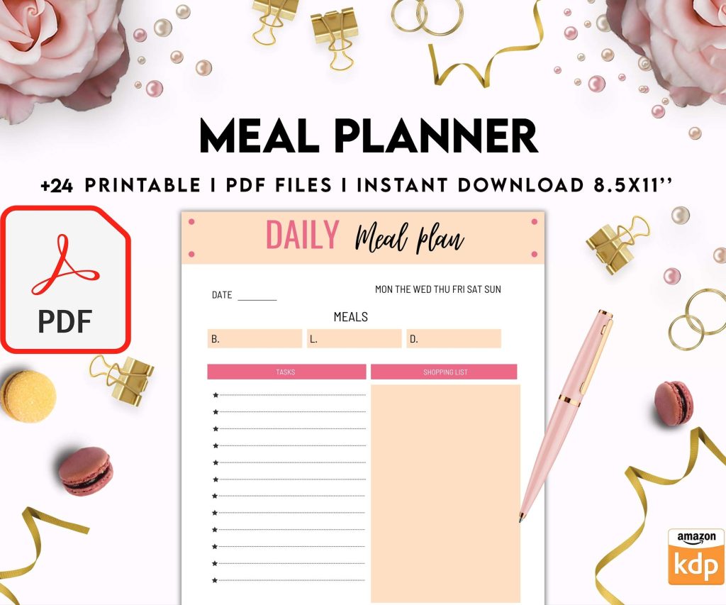 Meal planner, Daily weekly monthly Planner, Grocery List, Fridge Inventory, PDF Printable, 8,5×11″ A4 size