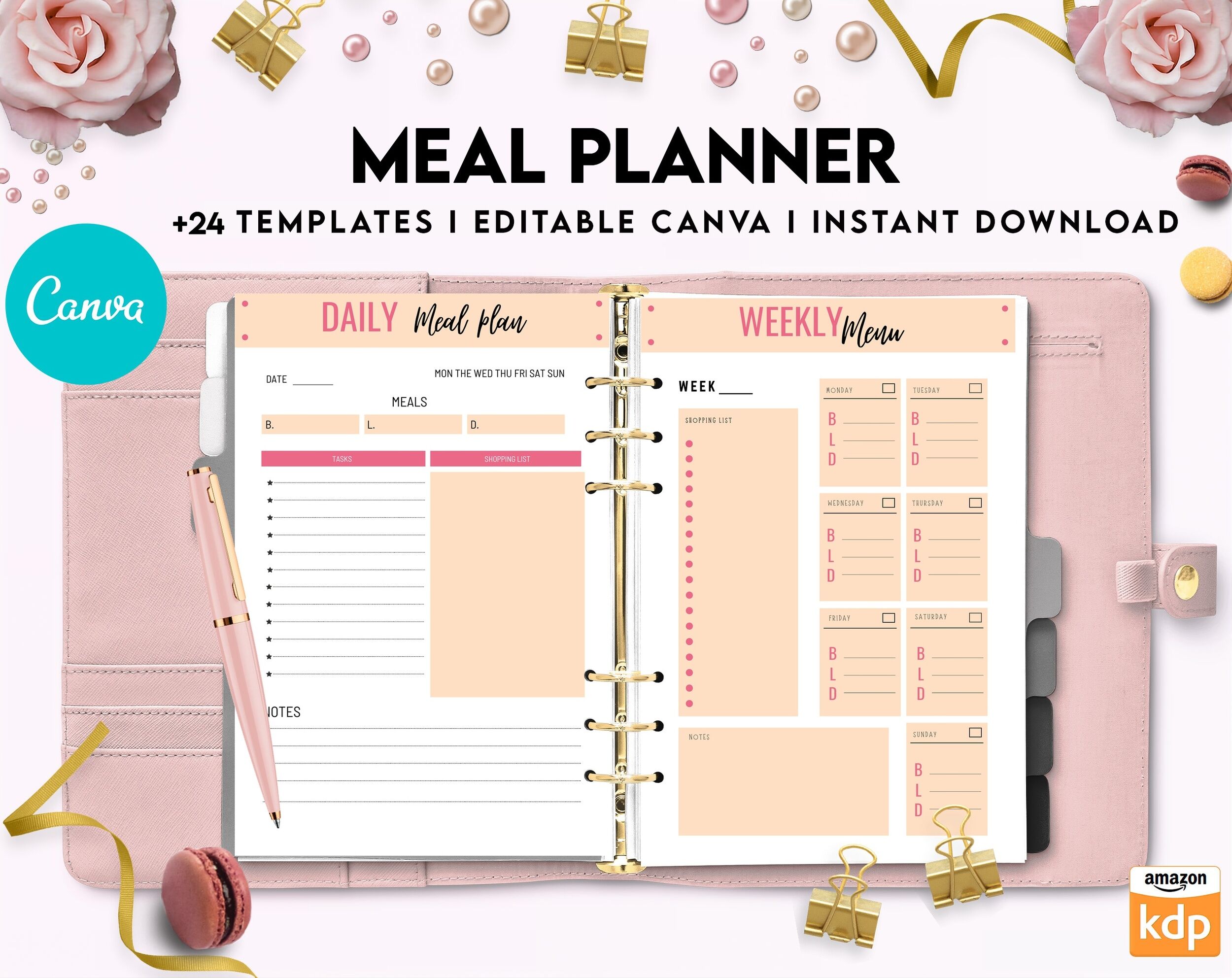 Meal planner, Daily weekly monthly Planner, Grocery List, Fridge Inventory, Canva Editable Templates, interior Grocery List