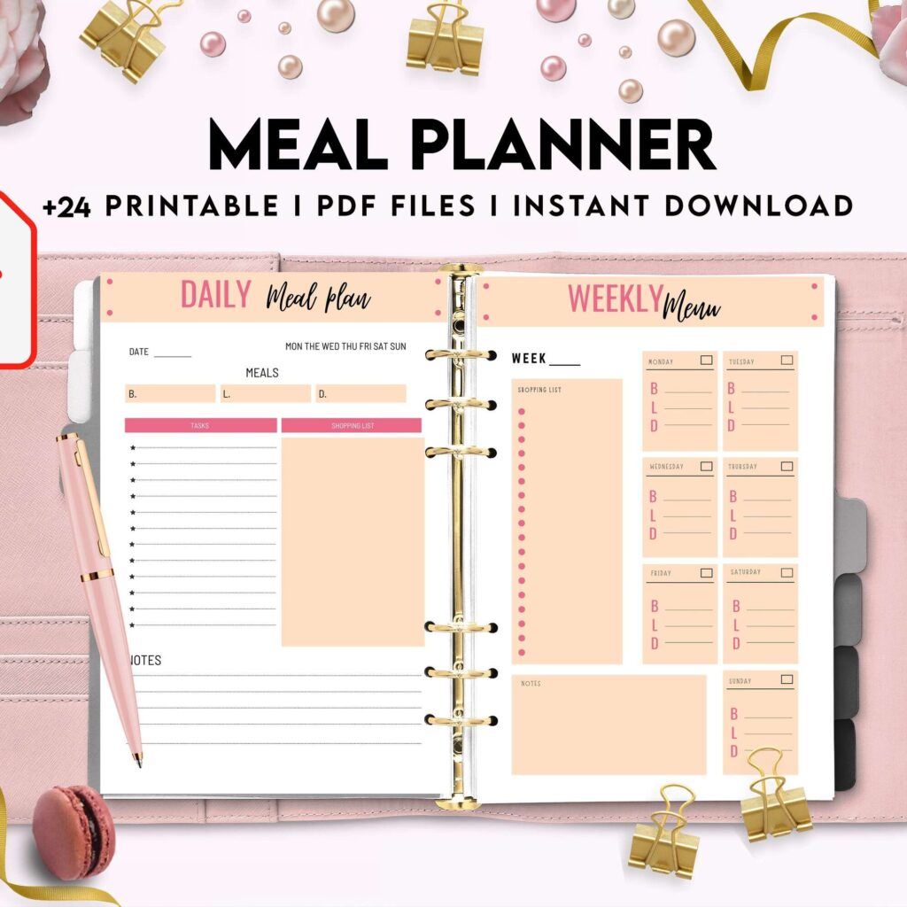 Meal planner, Daily weekly monthly Planner, Grocery List, Fridge Inventory, PDF Printable, 8,5×11″ A4 size