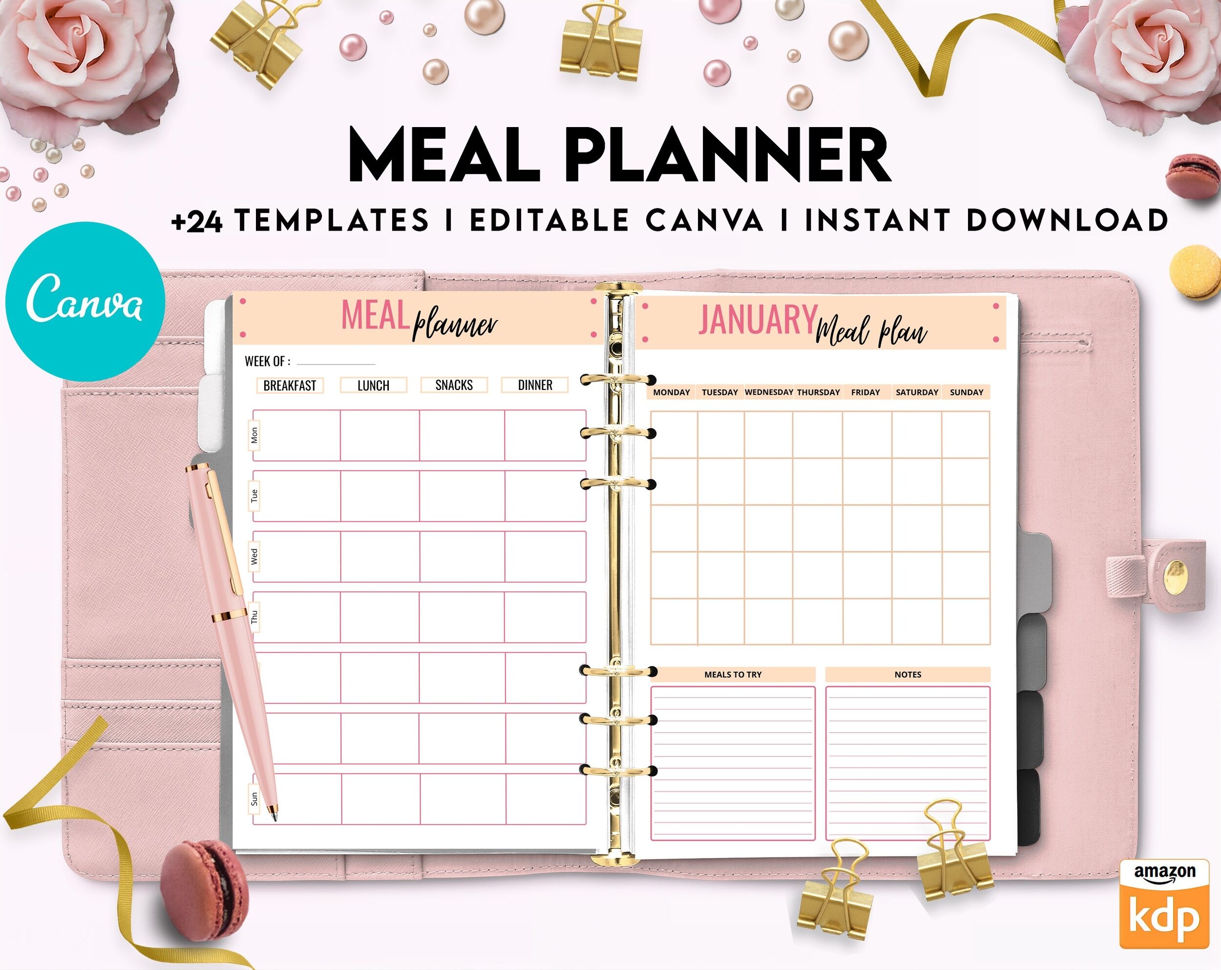 Meal planner, Daily weekly monthly Planner, Grocery List, Fridge Inventory, Canva Editable Templates, interior Grocery List