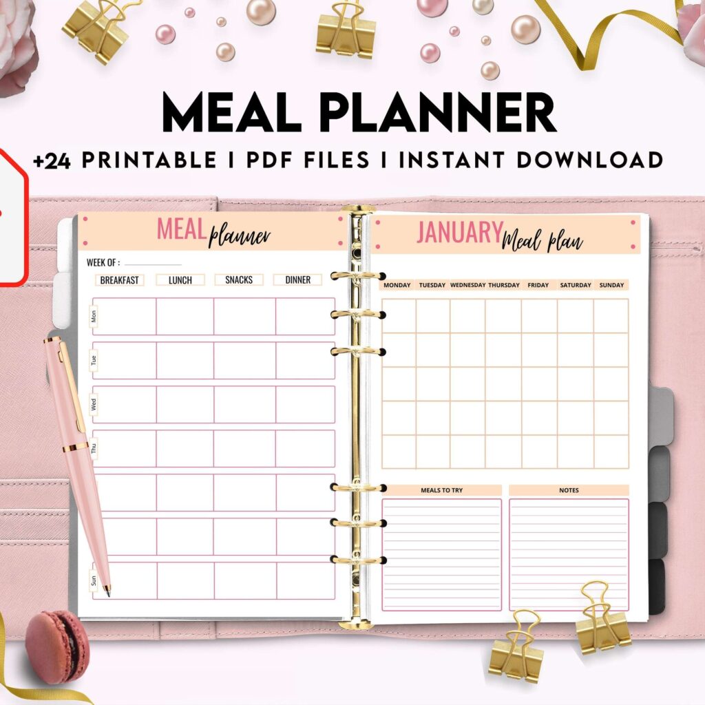 Meal planner, Daily weekly monthly Planner, Grocery List, Fridge Inventory, PDF Printable, 8,5×11″ A4 size