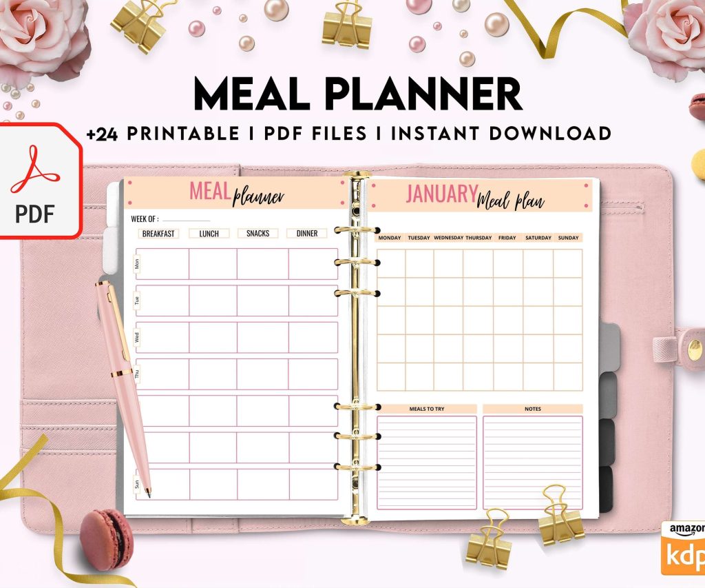 Meal planner, Daily weekly monthly Planner, Grocery List, Fridge Inventory, PDF Printable, 8,5×11″ A4 size