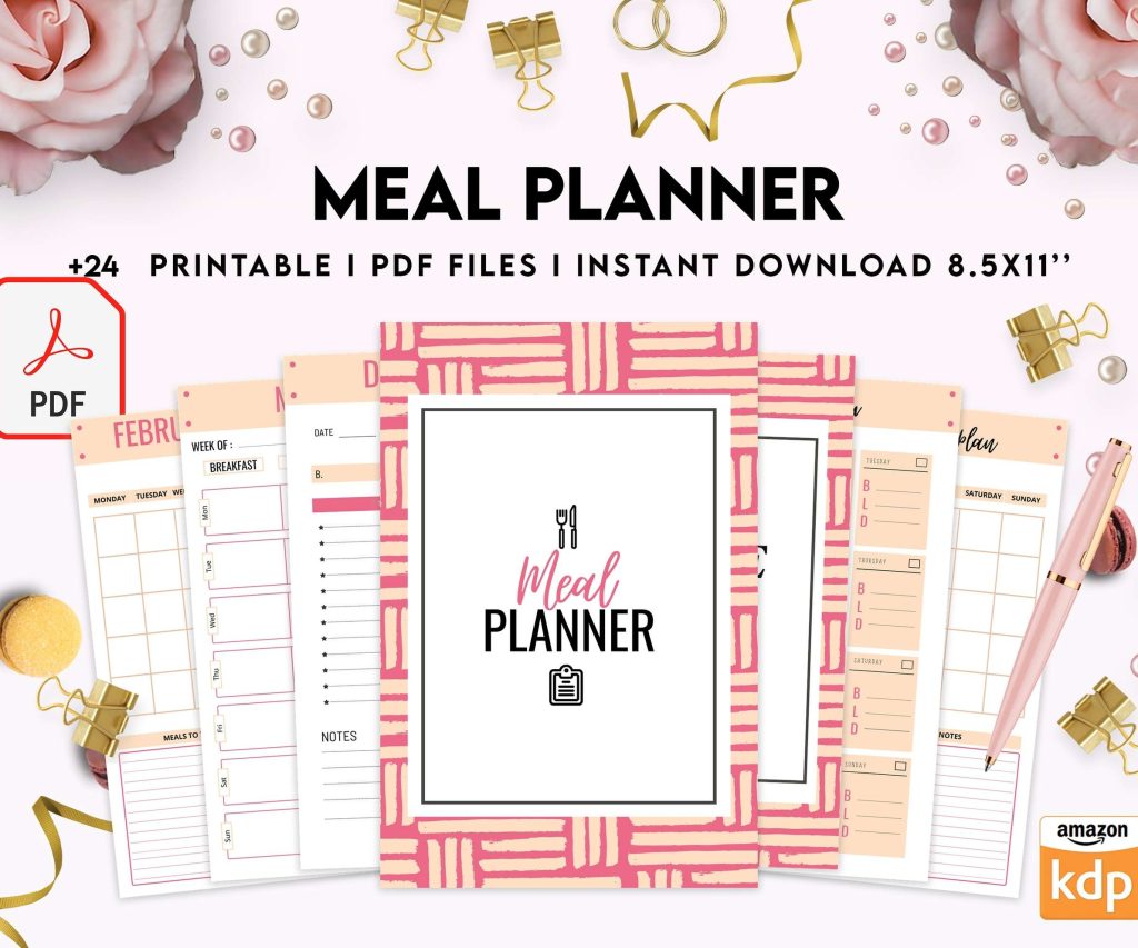 Editable Meal Plan Template Meal planner, Daily weekly monthly Planner, Grocery List, Fridge Inventory, PDF Printable, 8,5×11″ A4 size