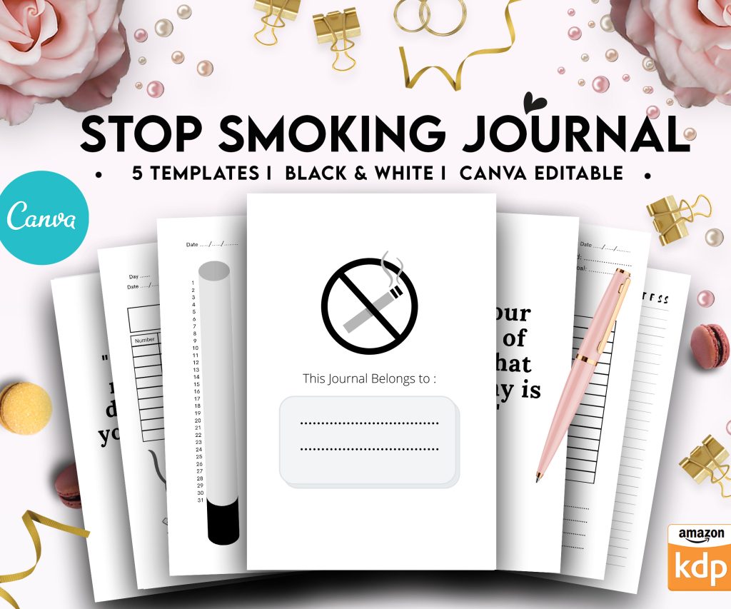 Stop Smoking Tracker Journal 5 Editable Canva Templates for Journal, Canva editable interior to Quit Smoking COMMERCIAL USE Canva editable