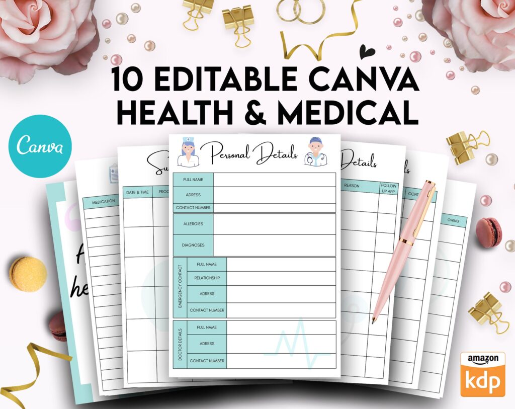 10 Editable Canva Health and Medical Planner Templates for Journal, Canva Planner editable interiors Bundle COMMERCIAL Canva editable