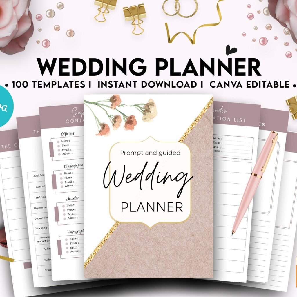 100 Pages Wedding Planner, Editable Templates Wedding Pages, Wedding Plan Bundle, Wedding Planning Book, Canva Editable Templates, interior getting married