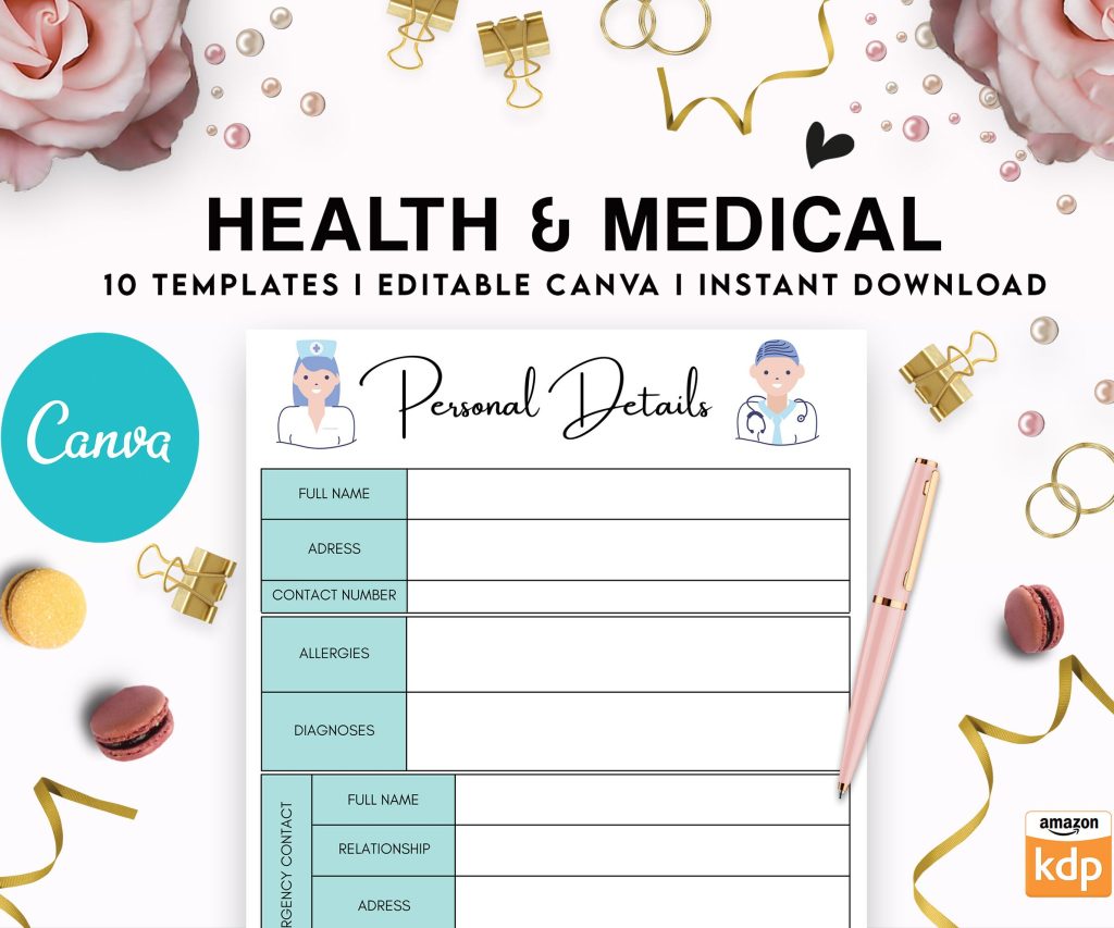 10 Editable Canva Health and Medical Planner Templates for Journal, Canva Planner editable interiors Bundle COMMERCIAL Canva editable