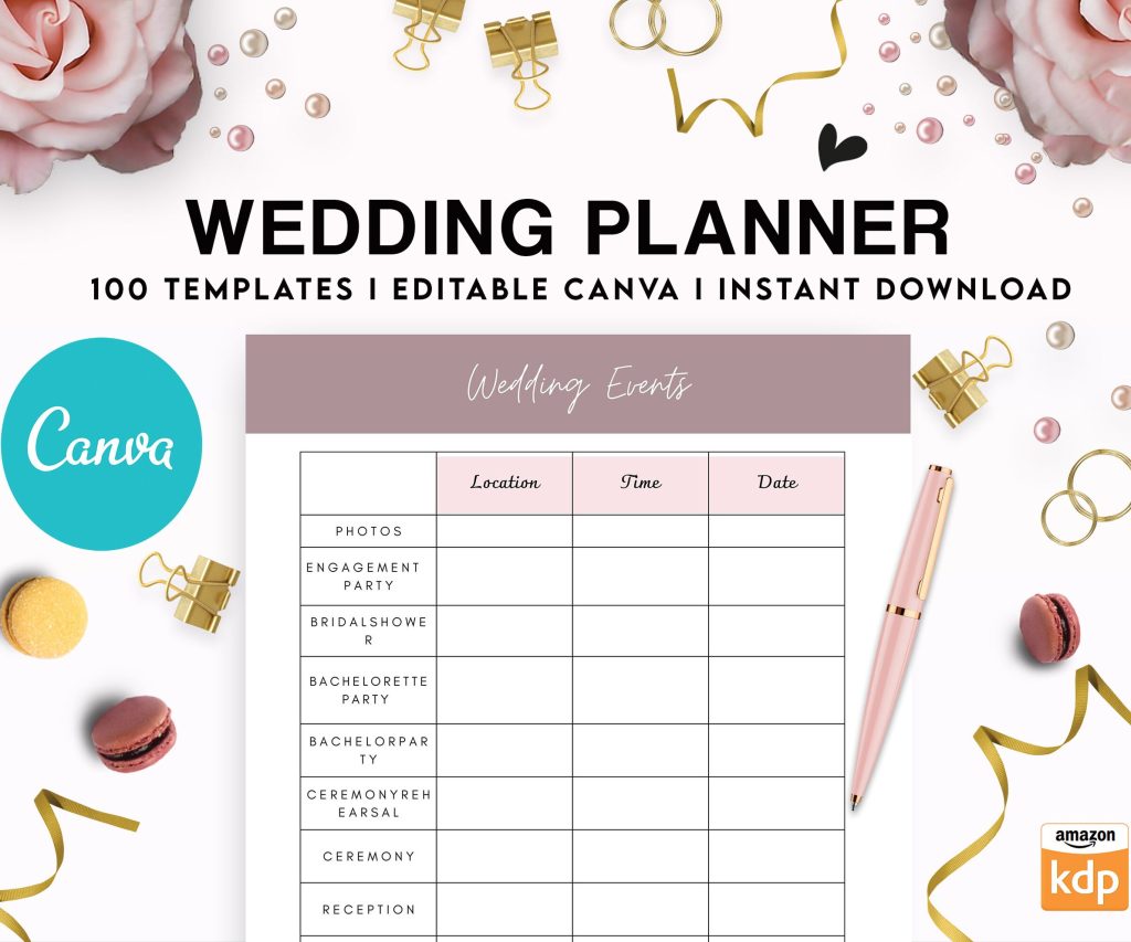 100 Pages Wedding Planner, Editable Templates Wedding Pages, Wedding Plan Bundle, Wedding Planning Book, Canva Editable Templates, interior getting married