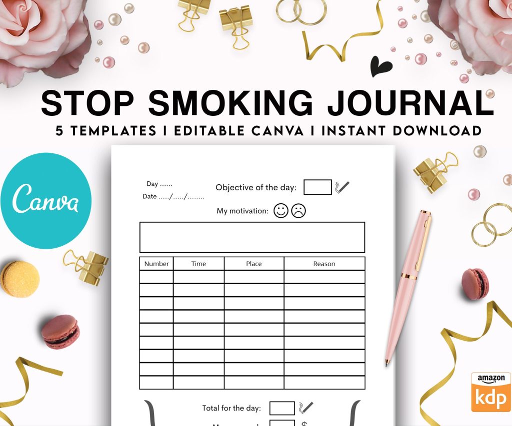 Stop Smoking Tracker Journal 5 Editable Canva Templates for Journal, Canva editable interior to Quit Smoking COMMERCIAL USE Canva editable
