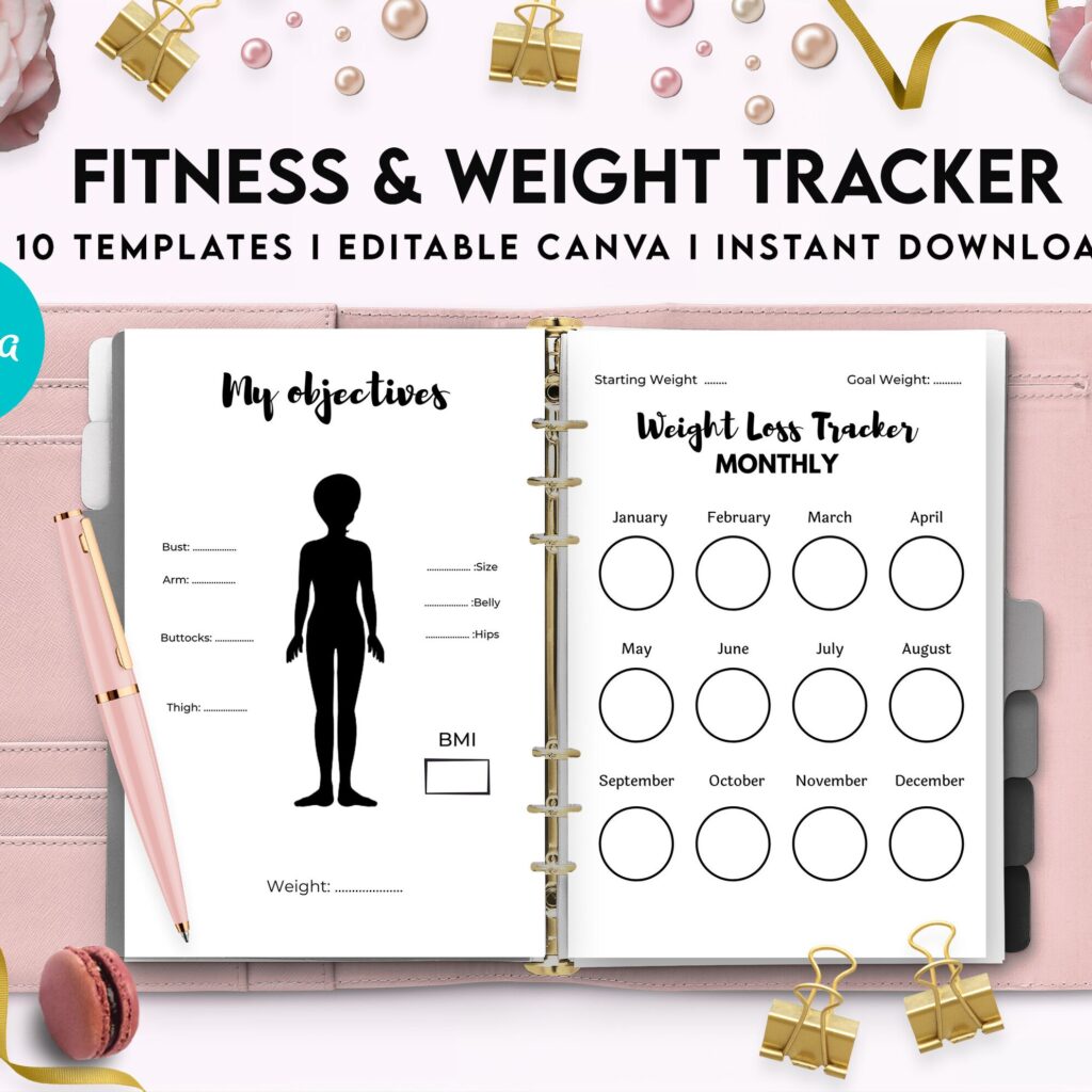 Canva Fitness and Weight Loss Tracker Journal 10 Editable Templates Planner for Journal, Canva editable interiors Bundle COMMERCIAL USE Canva editable