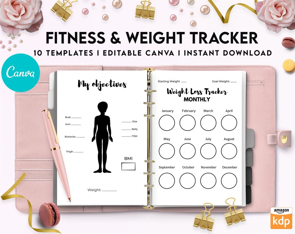 Weight Loss Tracker Template Planner, 10 Canva Editable Interiors ...