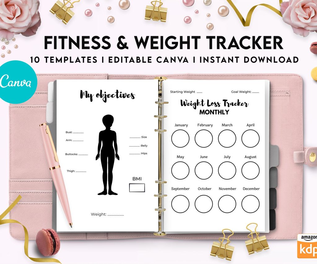 Canva Fitness and Weight Loss Tracker Journal 10 Editable Templates Planner for Journal, Canva editable interiors Bundle COMMERCIAL USE Canva editable