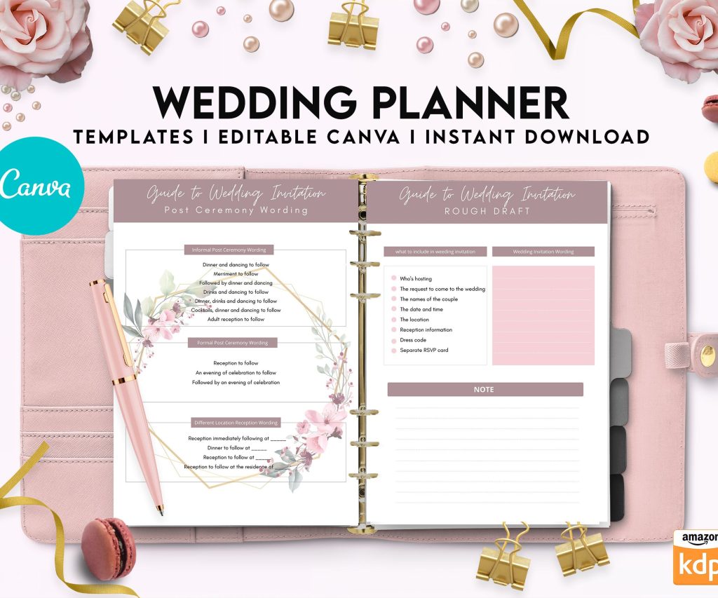 100 Pages Wedding Planner, Editable Templates Wedding Pages, Wedding Plan Bundle, Wedding Planning Book, Canva Editable Templates, interior getting married