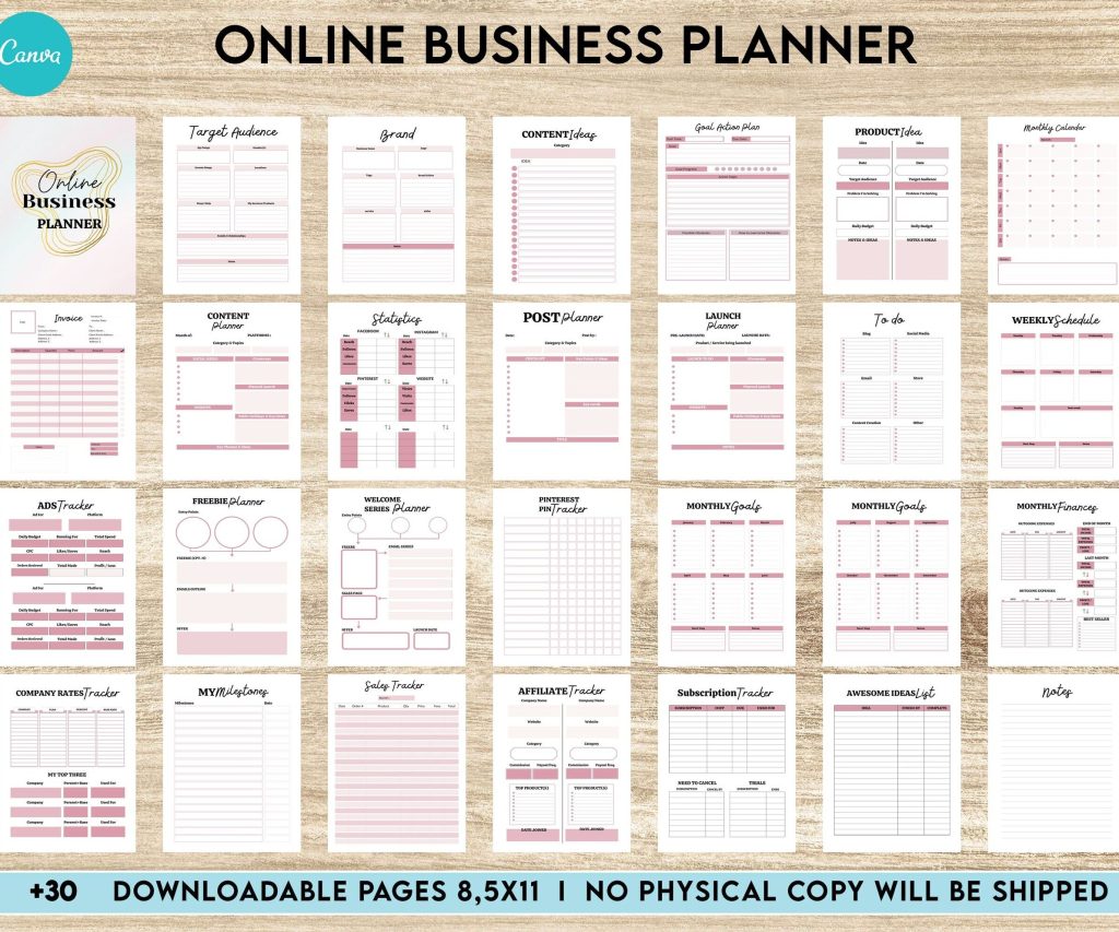 Small Business Planner Online Business Planner, Social media statistics, monthly goal, Product Idea, benchmark, Ads tracker, email planner, canva editable templates, 8,5×11″ A4 size business bundle