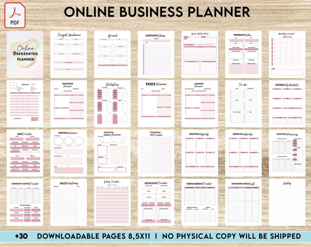 Online Business Planner, Social media statistics, monthly goal, Product Idea, benchmark, Ads tracker, email planner, Canva Editable Templates, interior business bundle