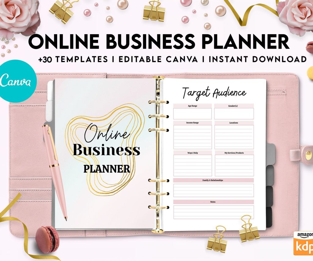 Online Business Planner, Social media statistics, monthly goal, Product Idea, benchmark, Ads tracker, email planner, canva editable templates, 8,5×11″ A4 size business bundle