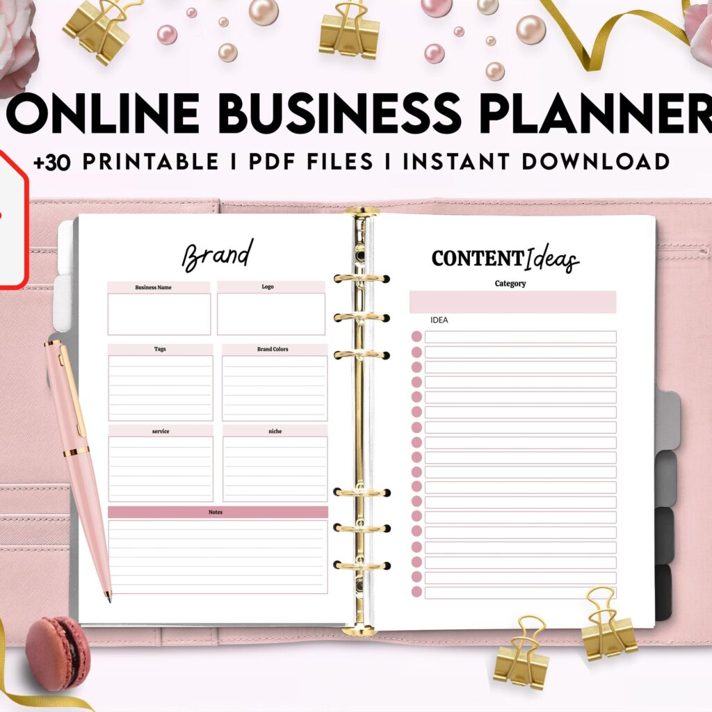 Online Business Planner, Social media statistics, monthly goal, Product Idea, benchmark, Ads tracker, email planner, Canva Editable Templates, interior business bundle