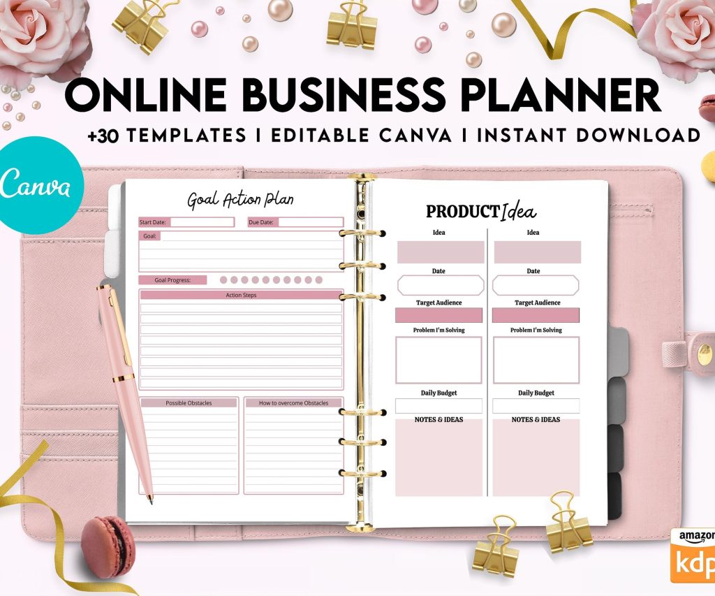 Online Business Planner, Social media statistics, monthly goal, Product Idea, benchmark, Ads tracker, email planner, canva editable templates, 8,5×11″ A4 size business bundle