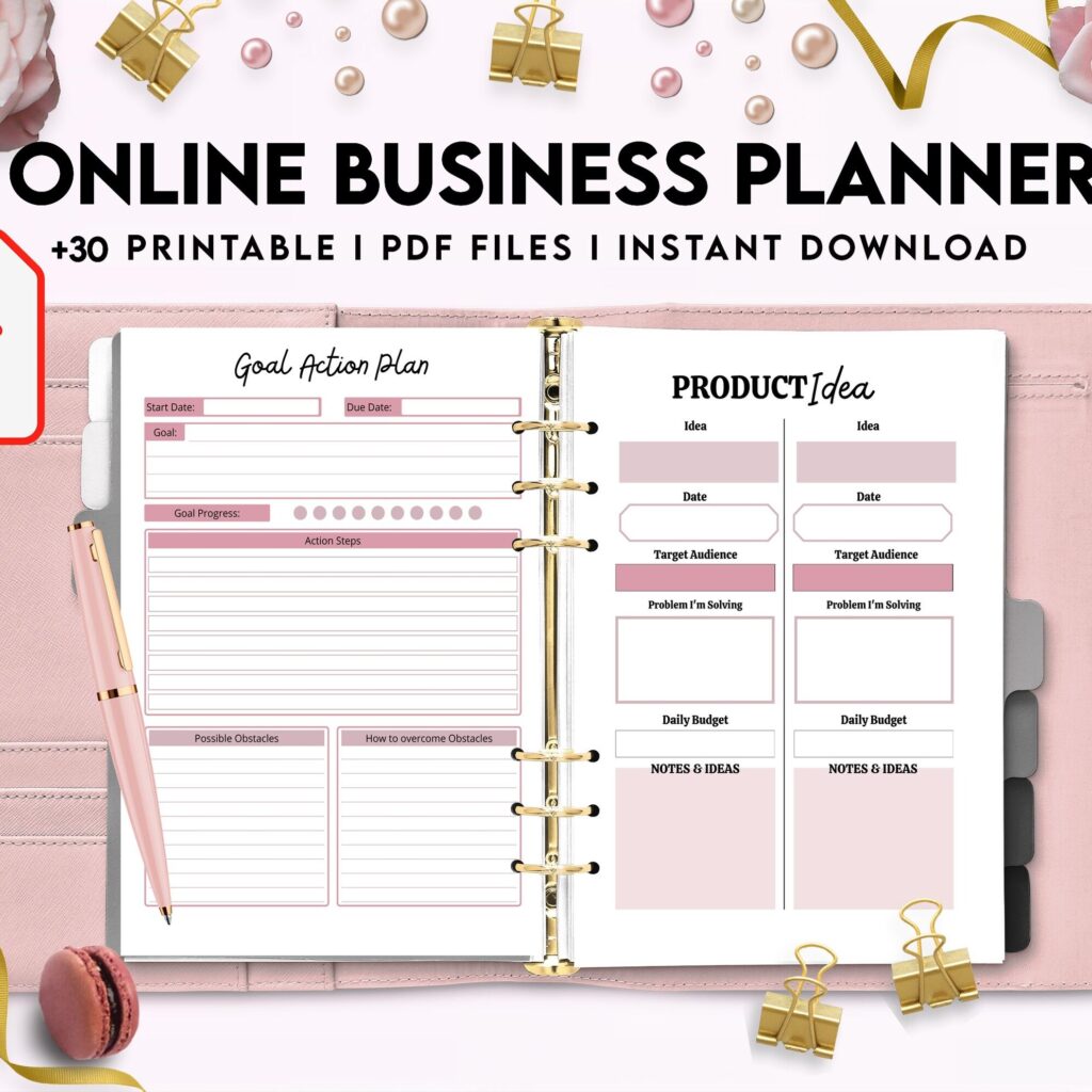 Online Business Planner, Social media statistics, monthly goal, Product Idea, benchmark, Ads tracker, email planner, Canva Editable Templates, interior business bundle