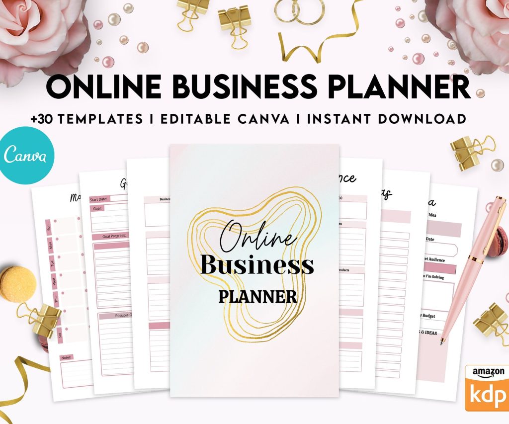 Online Business Planner, Social media statistics, monthly goal, Product Idea, benchmark, Ads tracker, email planner, canva editable templates, 8,5×11″ A4 size business bundle