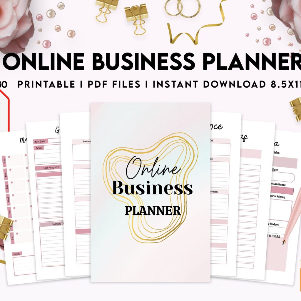 Online Business Planner, Social media statistics, monthly goal, Product Idea, benchmark, Ads tracker, email planner, Canva Editable Templates, interior business bundle