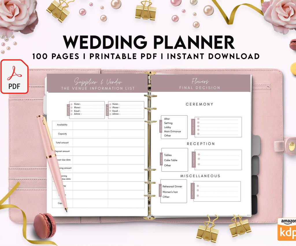 100 Pages Wedding Planner, 8×11 inch pages size Wedding Pages, Wedding Plan Bundle, Wedding Planning Book, PDF Printable, 8,5×11″ A4 size getting married