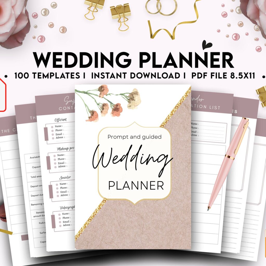 100 Pages Wedding Planner, 8×11 inch pages size Wedding Pages, Wedding Plan Bundle, Wedding Planning Book, PDF Printable, 8,5×11″ A4 size getting married