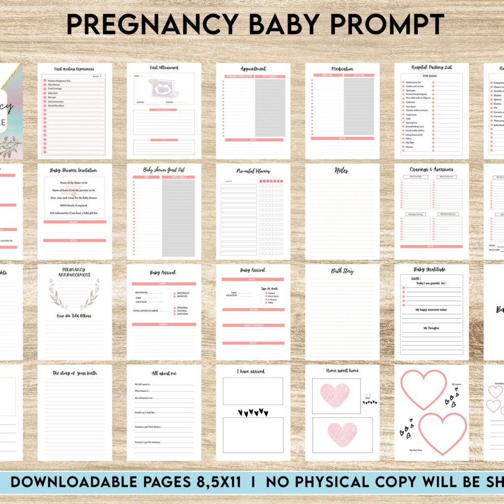 Pregnancy planner Babyand Pregnancy keepsake Promptly, baby gratitude, baby memories guided journal With Prompts, Canva Editable Templates, interior baby book