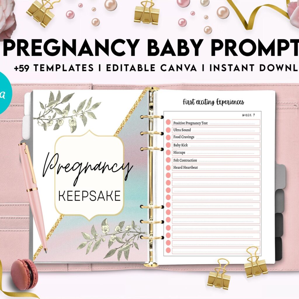 Babyand Pregnancy keepsake Promptly, baby gratitude, baby memories guided journal With Prompts, Canva Editable Templates, interior baby book