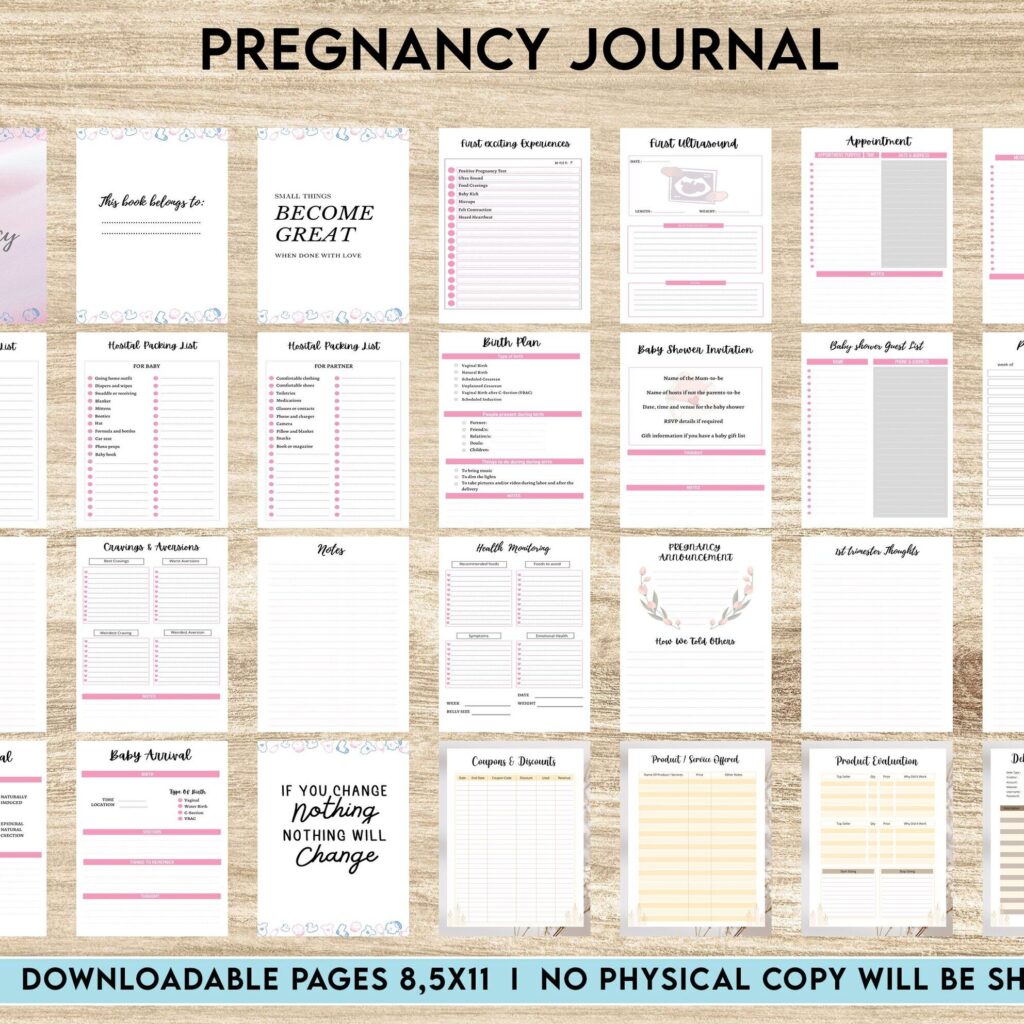 Pregnancy journal, Pregnancy keepsake, Pregnancy Planner, hospital packing list, birth plan, baby shower, health monitoring, PDF Printable, 8,5×11″ A4 size 9 month journal