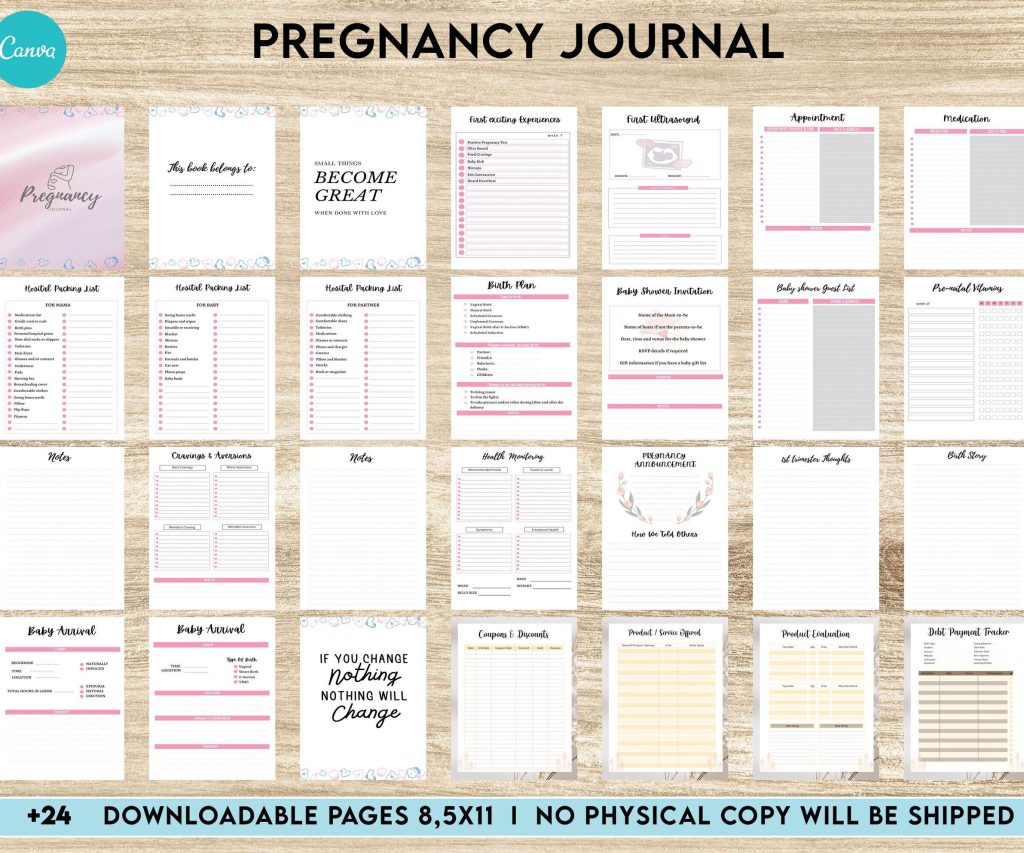 Pregnancy journal, Pregnancy keepsake, Pregnancy Planner, hospital packing list, birth plan, baby shower, health monitoring, Canva Editable Templates, interior 9 month journal