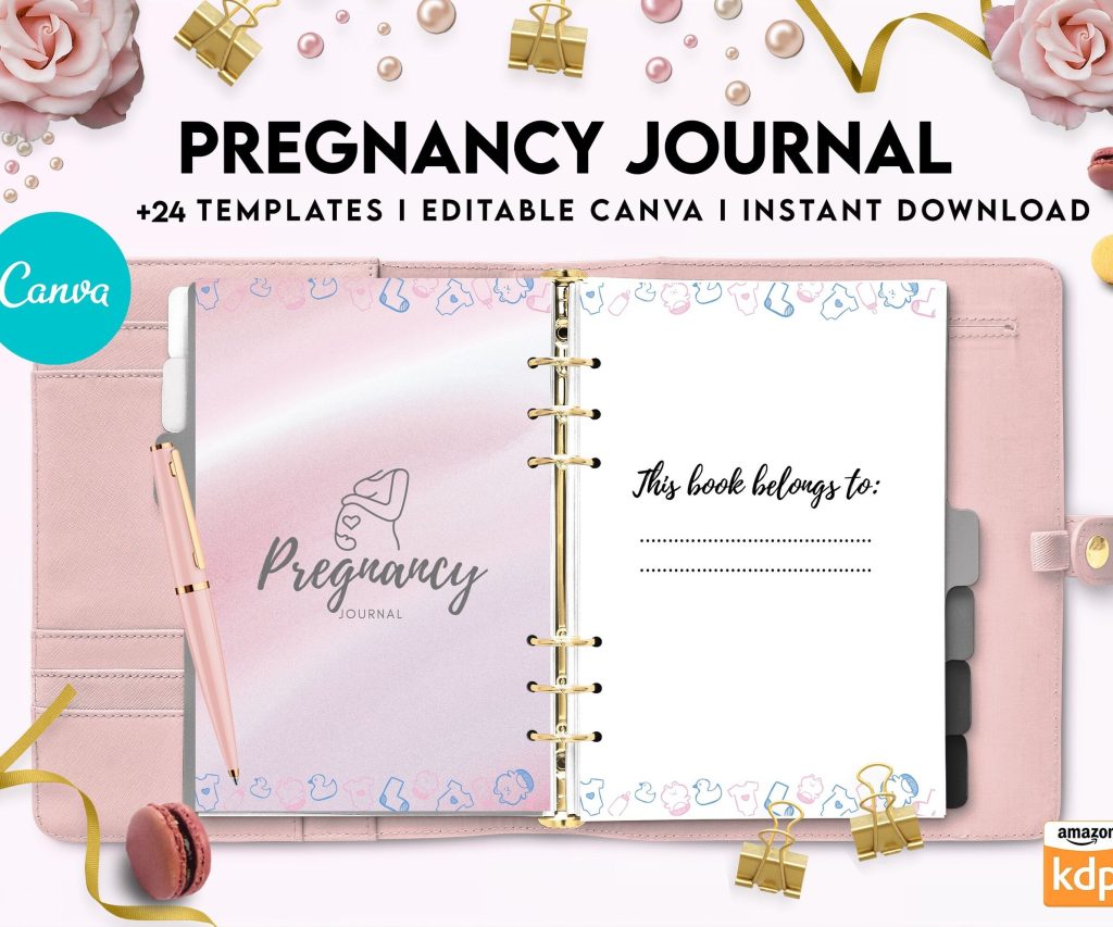 Pregnancy journal, Pregnancy keepsake, Pregnancy Planner, hospital packing list, birth plan, baby shower, health monitoring, Canva Editable Templates, interior 9 month journal