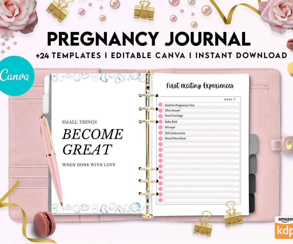 Pregnancy journal, Pregnancy keepsake, Pregnancy Planner, hospital packing list, birth plan, baby shower, health monitoring, Canva Editable Templates, interior 9 month journal