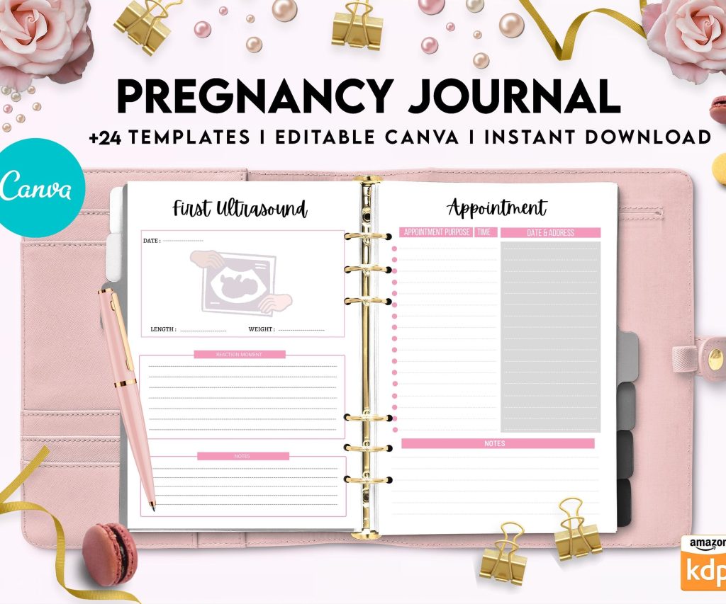 Pregnancy journal, Pregnancy keepsake, Pregnancy Planner, hospital packing list, birth plan, baby shower, health monitoring, Canva Editable Templates, interior 9 month journal